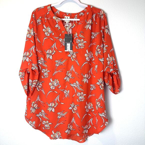 Worthington Women's Size 1X Blouse Floral Orange 3/4 Sleeve Roll- Tab Chiffon - Picture 1 of 11